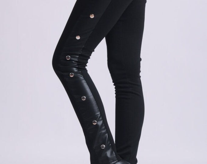 Extravagant Leggings with Leather / Valentine's Gift For Her / Black Leathe Tights / Black Leggings With Details / Romantic Outfit METP0056