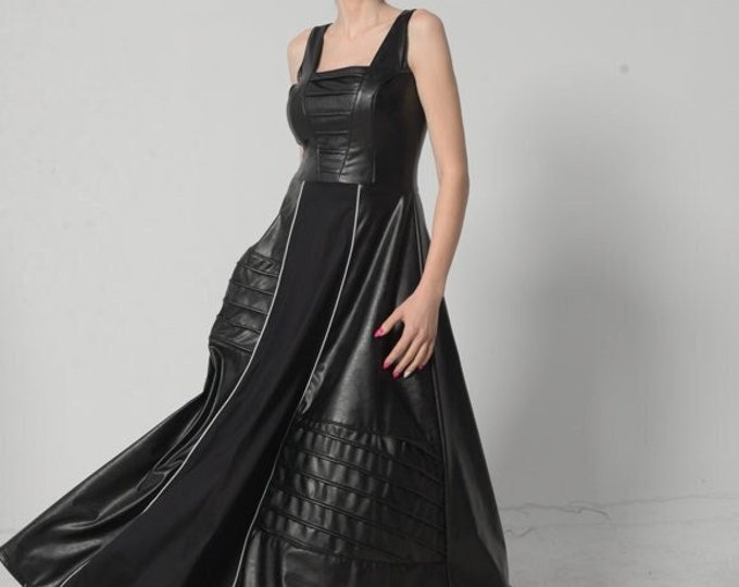 Black Leather Dress / Long Leather Dress / Fit and Flare Dress / Black Kaftan