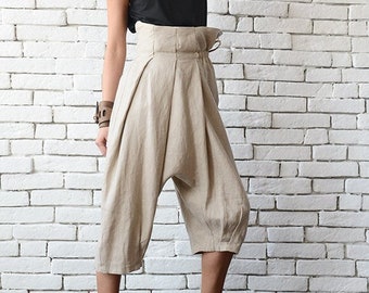 Baggy Beige Linen Pants with Adjustable Waist