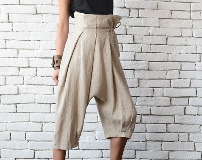 Baggy Beige Linen Pants with Adjustable Waist METP0004