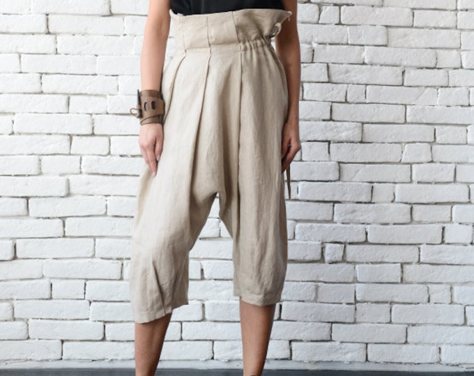 Beige Linen Pants/Maxi Draped Trousers/Loose Pants/Drop Crotch Pants/Harem Plus Size Pants/Ankle Length Pants/Loose Maxi Pants METP0004