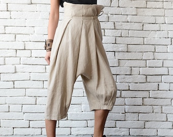 Hoch taillierte Hose / Hose mit tiefem Schritt / Hose mit weitem Bein / Leinen Maxi Hose / Boho Hose / Haremshose aus Leinen