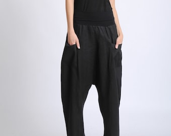 Black Plus Size Pants/Long Maxi Pants/Linen and Cotton Baggy Pants/Oversize Loose Trousers/Casual Comfortable Pants/Black Everyday Pants