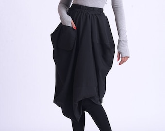 Extravagant Asymmetric Skirt/Black Loose Skirt/Knee Length Skirt with Pocket/Elastic Waist Black Skirt/Casual Everyday Skirt METSk0028