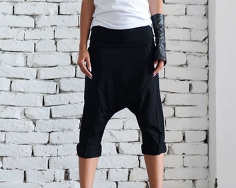 Schwarze Hose mit tiefem Schritt/Extravagante Lockere Shorts/Schwarze Haremshose/Maxi Hose/Lässige Yogahose/Schwarze Trainingshose METP0023