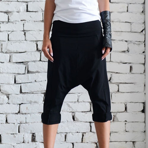 Black Drop Crotch Pants/Extravagant Loose Shorts/Black Harem Pants/Plus Size Maxi Pants/Casual Yoga Pants/Black Workout Pants METP0023