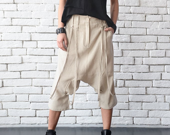 Loose Drop Crotch Pants/Beige Maxi Pants/Oversize Linen Pants/Extravagant Detail Belt Pants/Comfortable Summer Pants/Plus Size Trousers