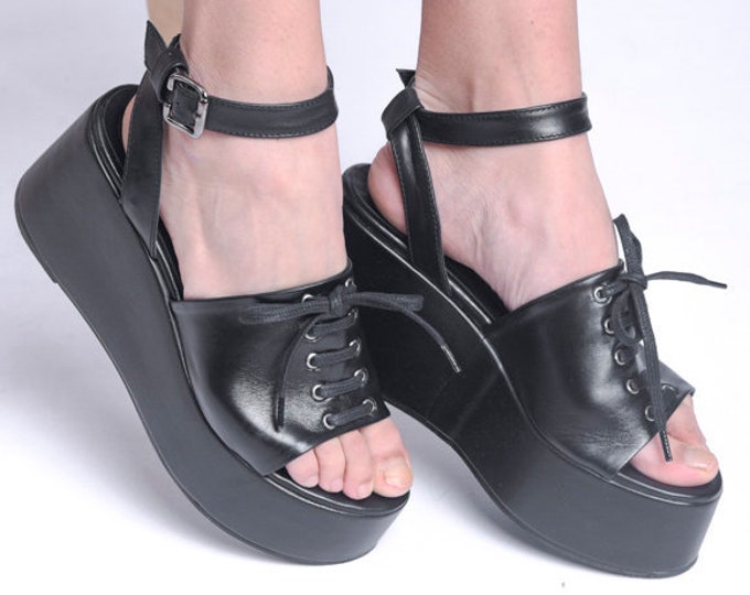 Black Leather Wedges / Footless Sandals / Leather Strappy Sandals / Black Platform Shoes / Genuine Leather Shoes