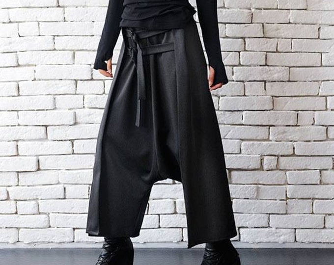 Grey Maxi Pants with Belts/Extravagant Oversize Harem Pants/Drop Crotch Woman Pants/Long Oversize Pants/Extravagant Loose Pants METP0010