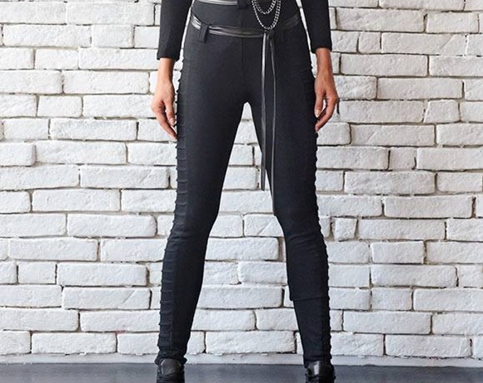 Extravagant Black Leggings/Casual Long Black Pants/High Waist Pants/Slim Black Trousers/Black Goth Pants/Tight Cigarette Pants METP0025