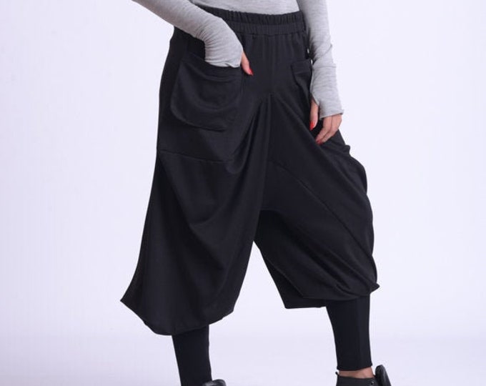 Drop Crotch Pants/Loose Oversize Trousers/Black Harem Pants/Elastic Waist Casual Pants/Extravagant Maxi Pants/Long Black Pants METP0073