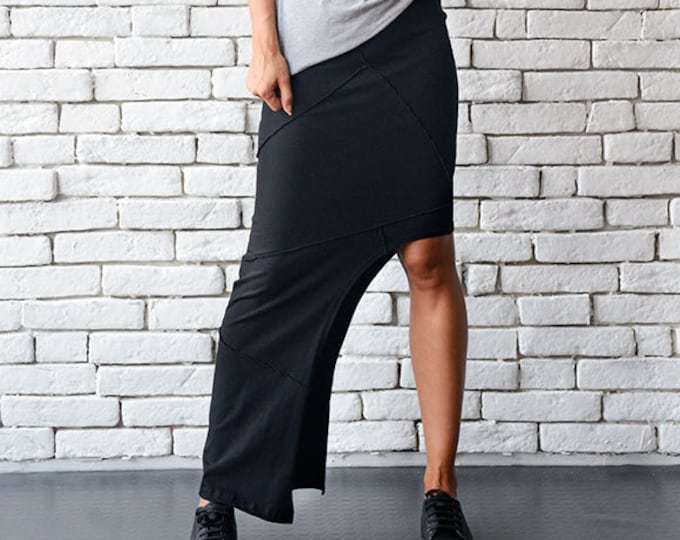 Asymmetric Black Skirt/Extravagant Long Short Skirt/Tight Sexy Skirt/Black Cotton Skirt/Urban Style Skirt/Elastic Waistband Skirt METSk0007