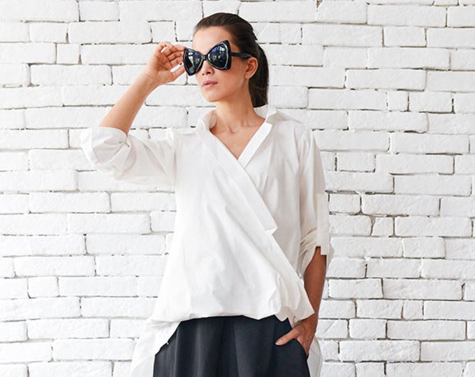 Long White Cotton Shirt/Belted Shirt/Asymmetric Top/Extravagant Asymmetric Shirt/Long White Tunic/Ribbon Top/Oversize Shirt METSh0003