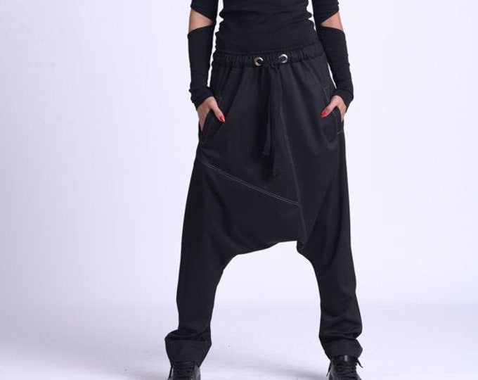 Black Drop Crotch Pants/Plus Size Maxi Pants/Elastic Waist Gypsy Pants/Oversize Casual Pants/Loose Black Trousers/Casual Pants METP0068