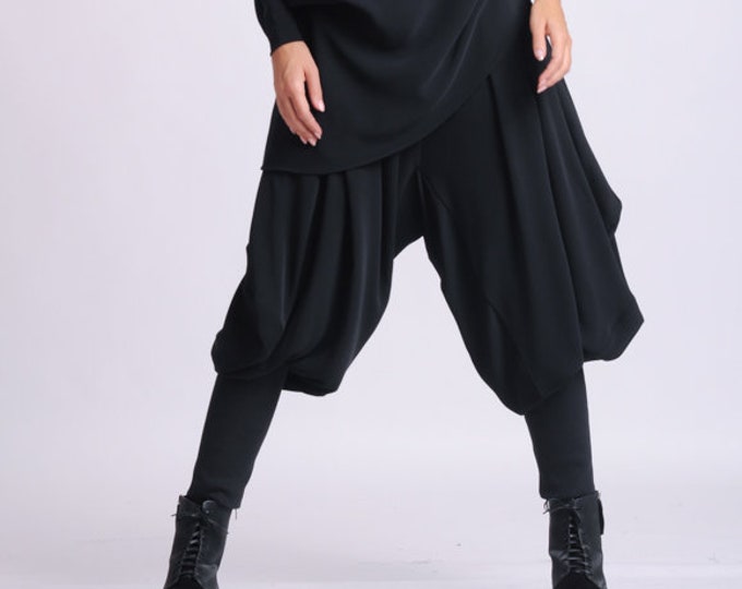 Black Drop Crotch Pants / Comfortable Harem Pants METP0057