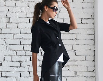 Asymmetric Black Top/Tight Fitting Blazer/Short Sleeve Elegant Coat/Extravagant Black Jacket/Evening Dinner Top/Black Top