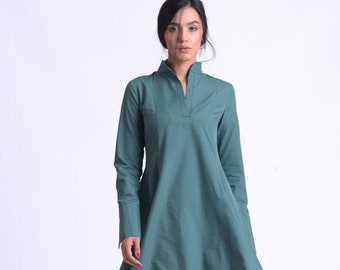 Maxi Long Sleeve Dress / Extravagant Green Dress / Cotton Shirt Dress