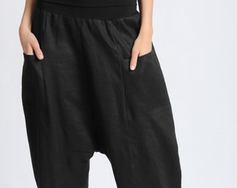 Black Minimalist Pants / Casual Baggy Pants / Linen Ankle Trousers / Plus Size Pants / Drop Crotch Pants / Black Pants  METP0055