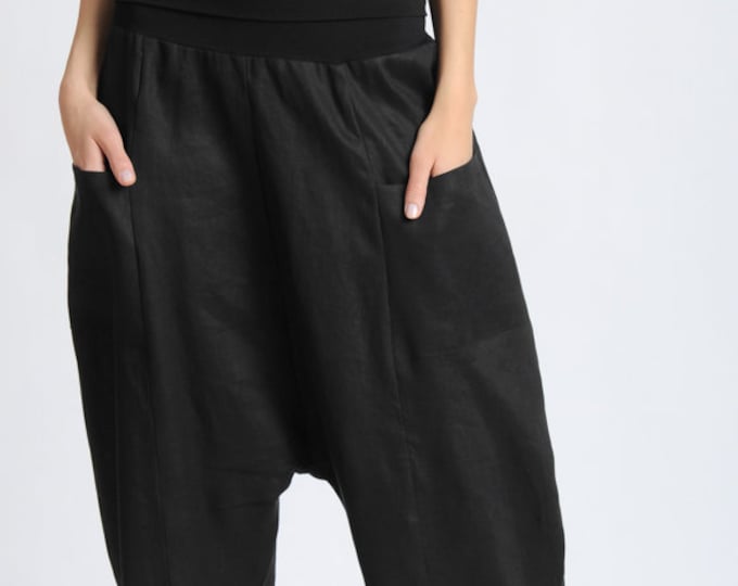 Black Minimalist Pants / Casual Baggy Pants / Linen Ankle Trousers / Plus Size Pants / Drop Crotch Pants / Black Pants  METP0055