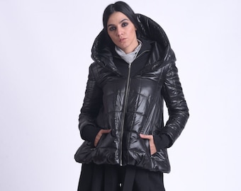 Comfortable Loose Puffy Jacket/Short Puffer Coat/Casual Black Winter Jacket/Oversize Hood Zipper Jacket/Black Hooded Jacket METC0084