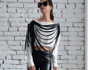 White Crop Top with Black Leather Fringes/Short Sexy Sleeve Top/Extravagant Leather Tank Top/Summer Casual Fringe Top/Torn Asymmetric Shirt