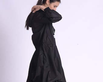 Black Long Raincoat / Hooded Raincoat Women / Oversize Jacket / Plus Size Clothing