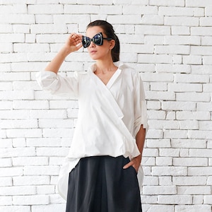 Long White Cotton Shirt/Belted Shirt/Asymmetric Top/Extravagant Asymmetric Shirt/Long White Tunic/Ribbon Top/Oversize Shirt METSh0003