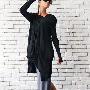 Long Sleeve Black Tunic/ Draped Tunic/Black Dress/Oversize Kaftan/Loose Black Dress /Asymmetric Tunic Top/ Black Loose Tunic / Plus Size Top