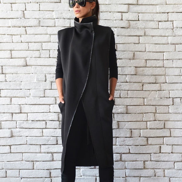 Long Black Vest/Loose Neoprene Coat/Extravagant Sleeveless Jacket/Plus Size Black Tunic/Black Long Top/Turtle Neck Collar Tunic/Black Blazer