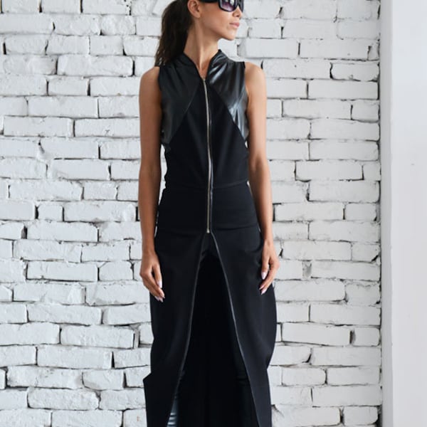 Black Asymmetric Vest/Chain Leather Top/Oversize Black Tunic Top/Sleeveless Leather Jacket/Extravagant Casual Top METC0008