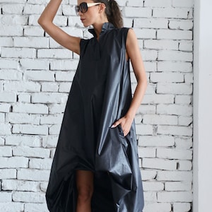 Black Maxi Dress/Loose Black Kaftan/Sleeveless Asymmetrical Tunic Top/Two Face Dress/Maxi Black Dress/Plus Size Dress/Black Pocket Dress