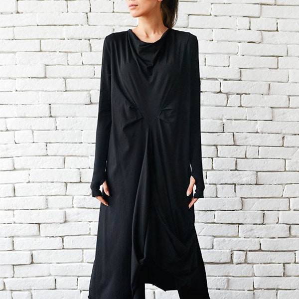 Black Maxi Dress/Loose Draped Dress/Long Sleeve Maxi Dress/Thumb Hole Sleeve Dress/Asymmetric Black Dress/Plus Size Black Dress METD0007