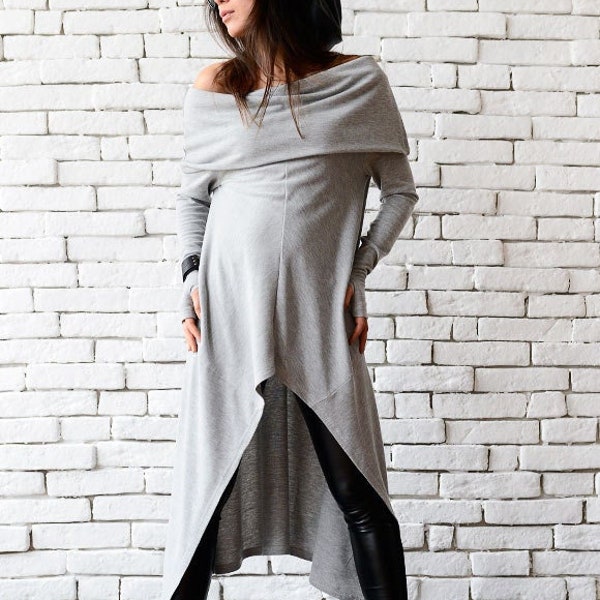 Grey Tunic /Cyberpunk Clothing /Asymmetric Top /Streetwear /Cold Shoulder Tunic /Darkwear /Futuristic Clothing /Thumb Hole Sleeve METT0056