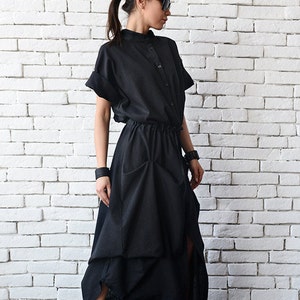 Long Black Linen Dress/Extravagant Short Sleeve Kaftan/Casual Asymmetric Loose Dress with String/Comfortable Shirt Collar Dress/Oversize Top