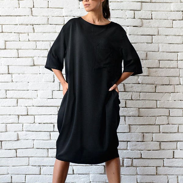 Short Loose Black Dress/Plus Size Casual Tunic/Half Sleeve Oversize Top/Maxi Black Dress/Long Black Top/Black Maxi Dress/Everyday Dress