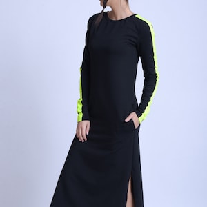 Everyday Dress with Neon/Long Sleeve Casual Dress/Black Pocket Dress/Black Casual Dress with Neon/Dress with Side Slits/Rave Outfit