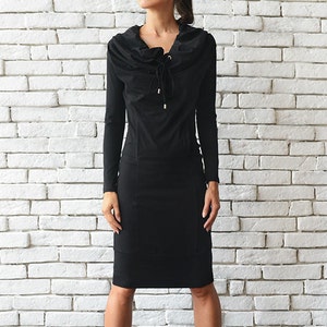 Casual Black Dress/Knee Length Dress/Long Sleeve Black Tunic/Loose Collar Dress/Little Black Dress/Loose Work Dress/Black Long Tunic