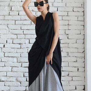 Black Asymmetrical Top / Long Black Blouse / Asymmetric Tunic Top / Black Linen Vest / Loose Sleeveless Tunic by METAMORPHOZA METT0002