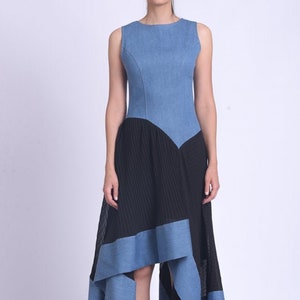Asymmetric Denim Dress/Summer Casual Dress/Denim and Chiffon Dress/Black and Blue Dress with Lining/Extravagant Sleeveless Dress METD0157