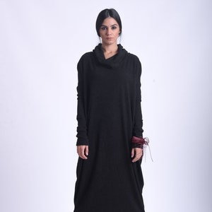 Black Oversize Dress/Long Sleeve Kaftan/Plus Size Maxi Dress/Loose Collared Dress/Black Knitted Dress/Turtleneck Casual Dress/Boho Dress