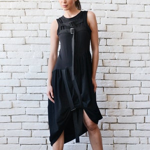 Extravagant Black Dress/Asymmetric Tunic Dress/Sleeveless Black Dress with Buckles/Casual Black Dress/Oversize Black Tunic/Dress with Clasps