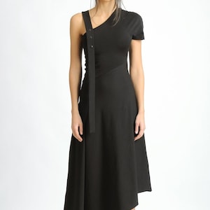Black Asymmetric Dress/Extravagant Loose Dress/Oversize Long Tunic with One Sleeve/Dress with Studs/Casual Black Dress METD0121