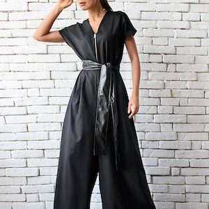 Black Maxi Jumpsuit/Oversize Loose Jumpsuit/Plus Size Overall/Short Sleeve Top Wide Leg Bottom Suit/Loose Zipper Jumpsuit METJ0008