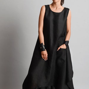 Comfortable High Quality Linen Dress / Black Plus Size Linen Dress with Pockets / Easy to Wear Everyday Loose Dress METD0107