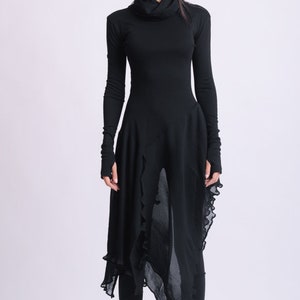 Long Asymmetric Black top/Extravagant Casual Tunic/Thumb Hole Sleeve Blouse/Black Chiffon Top/Avant Garde Black Blouse METT0143