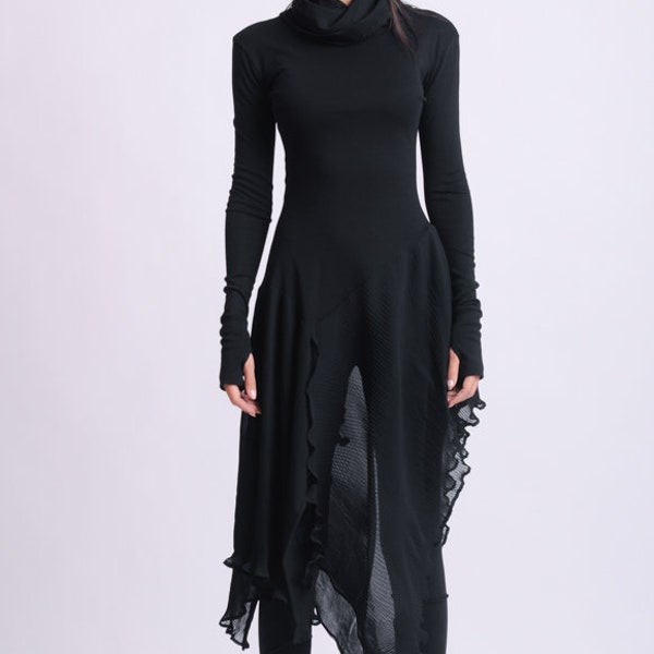 Long haut noir asymétrique/extravagante tunique décontractée/chemisier avec ouvertures passe-pouce/top en mousseline noir/chemisier avant-garde noir METT0143