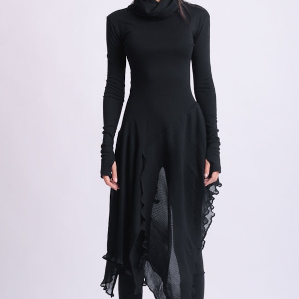 Turtleneck Top With Asymmetric Pleated Chiffon Layer METT0143