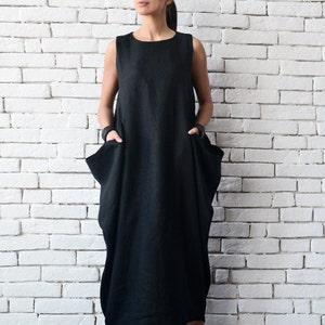 Black Maxi Dress/Sleeveless Black Kaftan/Loose Linen Long Dress/Asymmetric Plus Size Dress/ Comfortable Black Day Dress METD0075