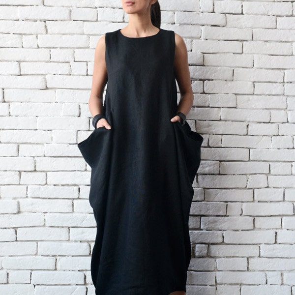 Black Maxi Dress/Sleeveless Black Kaftan/Loose Linen Long Dress/Asymmetric Plus Size Dress/ Comfortable Black Day Dress METD0075