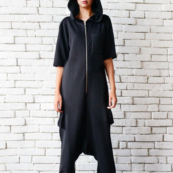 Black Maxi Jumpsuit/Plus Size Onepiece/Black Drop Crotch Pants/Hooded Loose Tunic/Black Casual Jumpsuit/Black Short Sleeve One Piece Romper